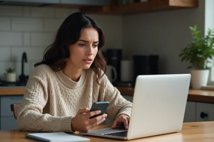 Femme avec ordinateur portable et smartphone à la maison