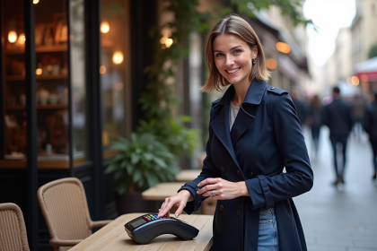 Femme souriante payant à une terrasse parisienne