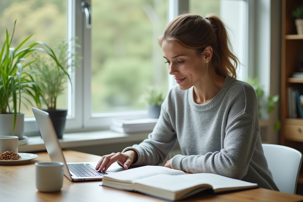Femme consultant un outil de planification financière pour optimiser son épargne à long terme avec un CMS 10 ans