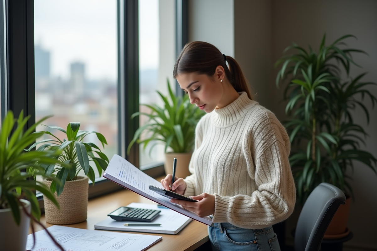 Jeune femme planifie avec un carnet et calculatrice dans un bureau