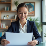 Femme professionnelle en bureau examinant des documents de prêt immobilier