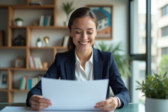 Femme professionnelle en bureau examinant des documents de prêt immobilier