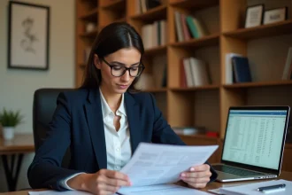 Femme professionnelle consultant des documents fiscaux et des relevés bancaires à son bureau pour gérer une procuration sur compte bancaire