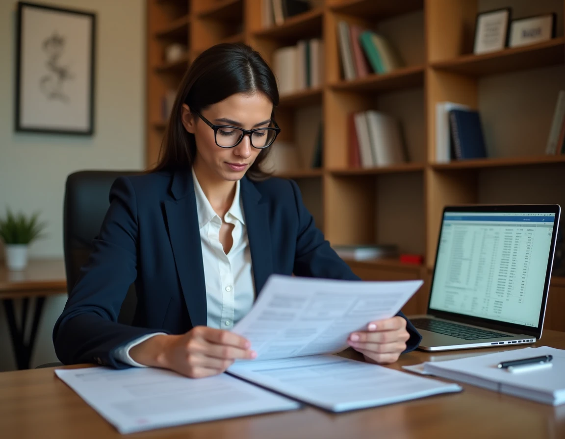 Femme professionnelle consultant des documents fiscaux et des relevés bancaires à son bureau pour gérer une procuration sur compte bancaire