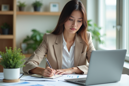 Femme professionnelle en bureau avec documents d'assurance