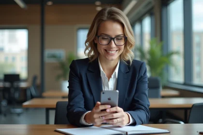Femme professionnelle utilisant un smartphone dans un bureau moderne