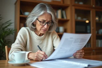 Femme de 55 ans relisant attentivement un contrat d'assurance vie à sa table de cuisine, stylo en main, expression concentrée
