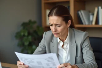 Femme examinant un relevé bancaire avec une erreur de virement de 747 euros à son bureau