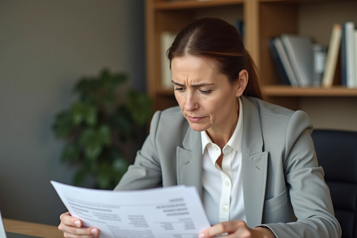 Femme examinant un relevé bancaire avec une erreur de virement de 747 euros à son bureau