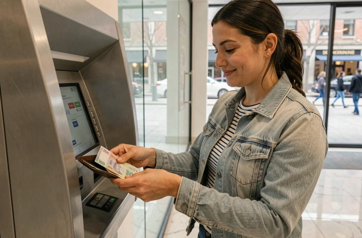 Femme retirant des billets de banque dans un distributeur automatique à l'intérieur d'une agence bancaire moderne