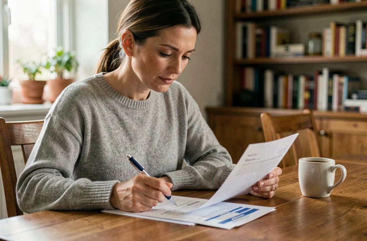 Femme consultant ses documents de revenus de placement à la maison pour sa déclaration Caf