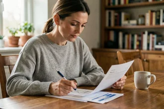 Femme consultant ses documents de revenus de placement à la maison pour sa déclaration Caf
