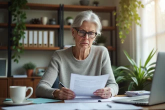 Femme de 50 ans relisant attentivement son formulaire d'impôts 2042 à son bureau à domicile avec un stylo et des lunettes de lecture