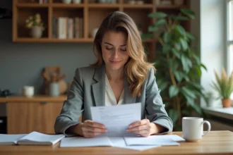 Femme détendue examinant un document de prêt immobilier