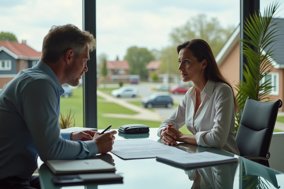 Femme en affaires examine documents de prêt immobilier