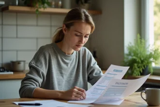 Femme seule consultant des documents administratifs liés au RSA à une table de cuisine modeste