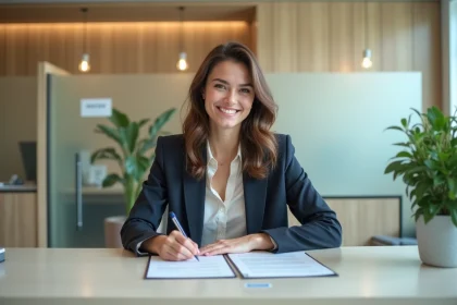 Femme souriante signant des documents bancaires dans une agence