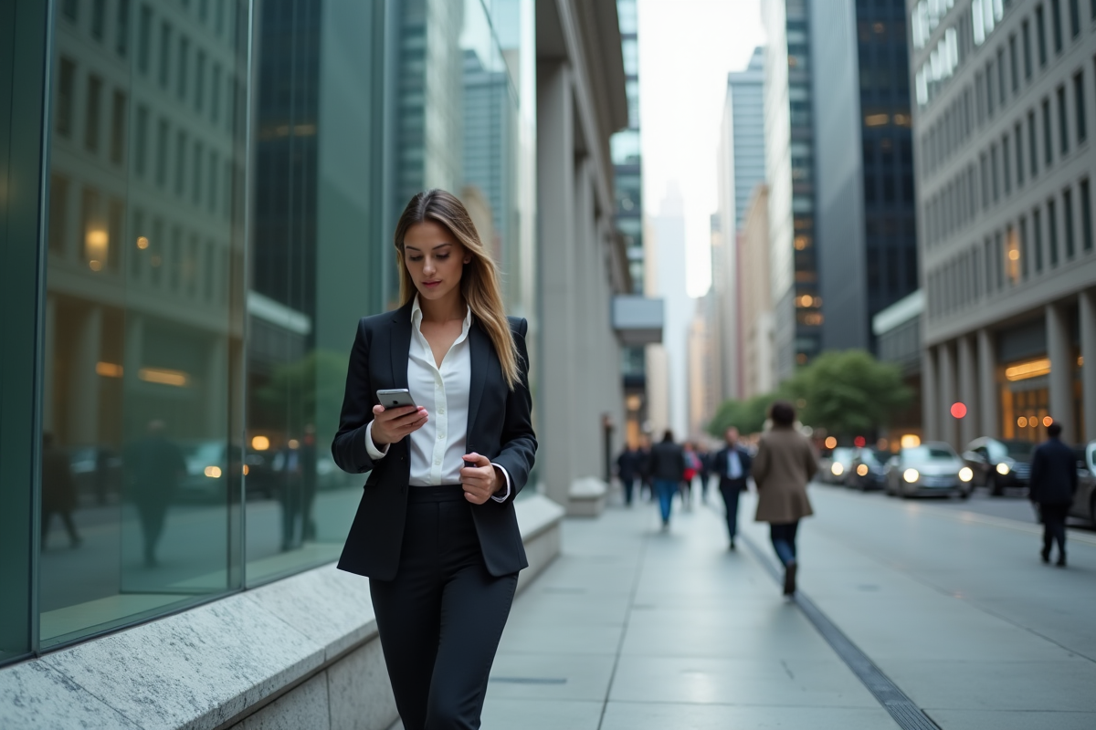 Femme élégante marchant devant une banque moderne avec son smartphone