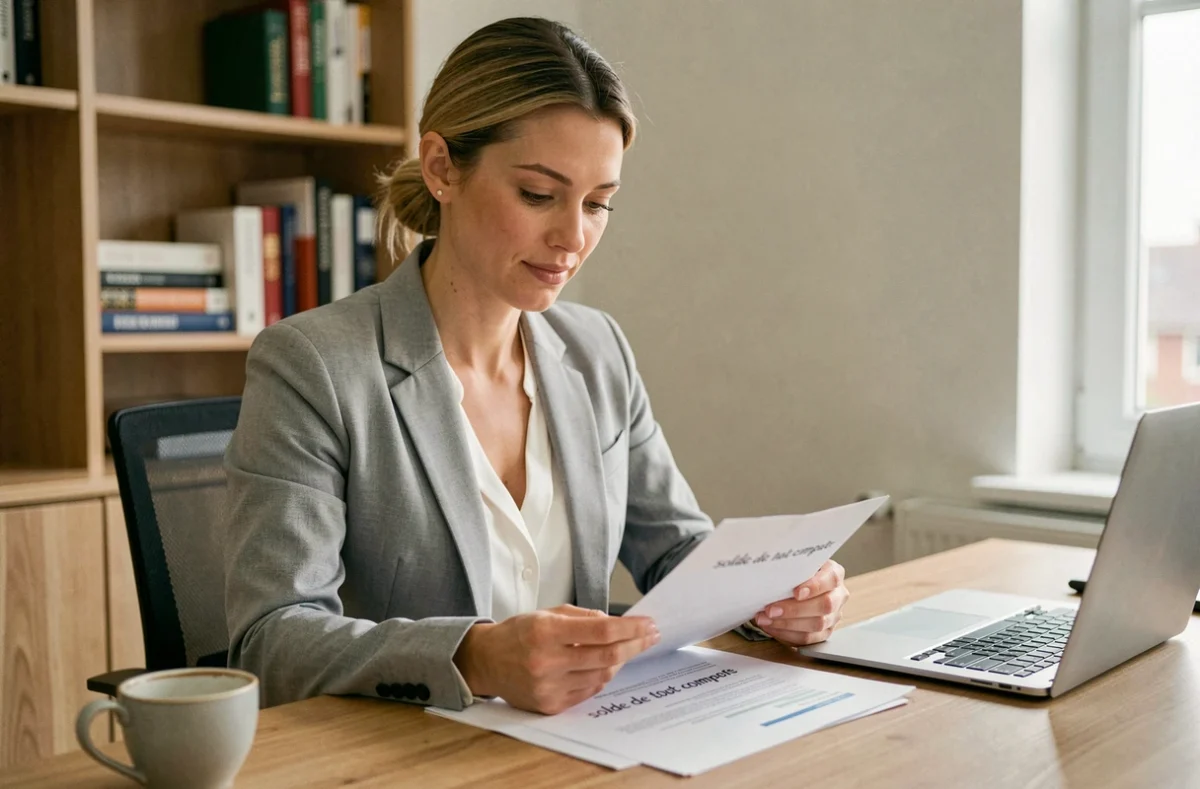 Femme consultant des documents de solde tout compte après démission en CDI dans un bureau à domicile