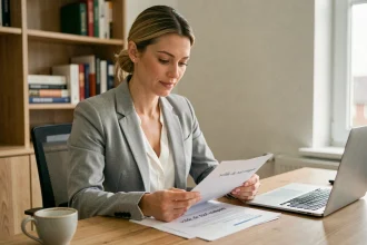 Femme consultant des documents de solde tout compte après démission en CDI dans un bureau à domicile