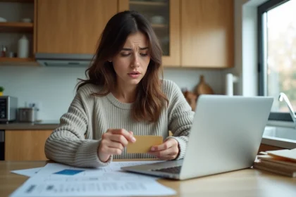 Jeune femme préoccupée avec carte bancaire dans la cuisine