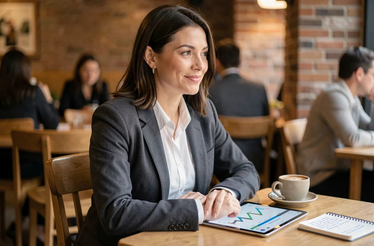 Femme en tenue professionnelle décontractée consultant une feuille de calcul financier sur tablette dans un café, symbolisant la planification des missions d'assassinat et de la bourse dans GTA 5