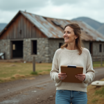Femme souriante surveillant une ferme rurale endommagée
