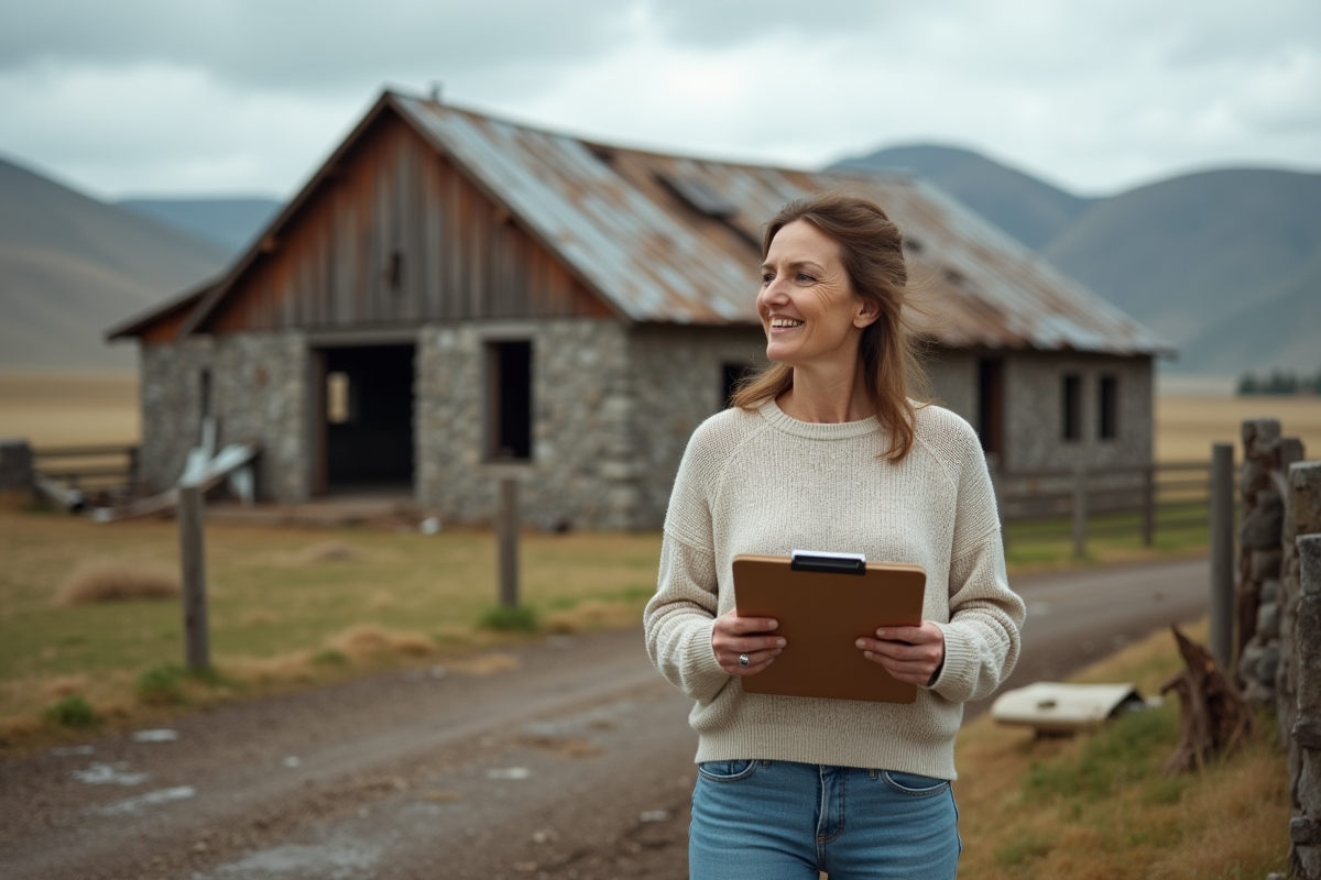 Femme souriante surveillant une ferme rurale endommagée