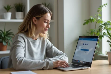 Femme effectuant un virement PayPal sur son ordinateur portable dans un bureau à domicile moderne