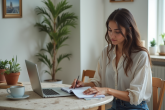 Jeune femme travaillant à domicile avec notes et café