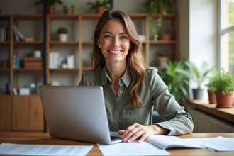 Femme souriante travaillant à son bureau dans un appartement moderne