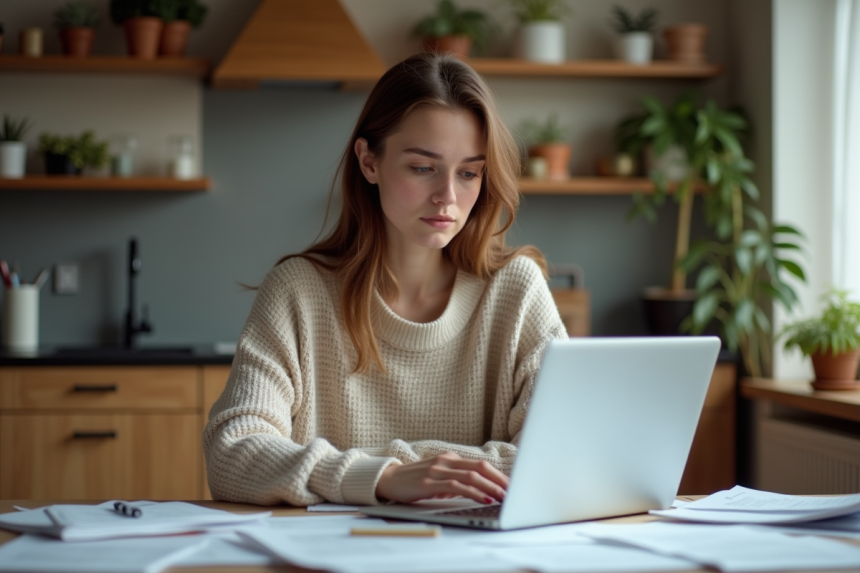 Jeune femme concentrée à son bureau dans un appartement chaleureux