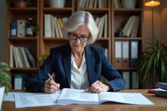 Femme en blazer bleu marine qui trie des documents fiscaux officiels sur un bureau en bois dans un bureau à domicile pour remplir le formulaire H1 impôt