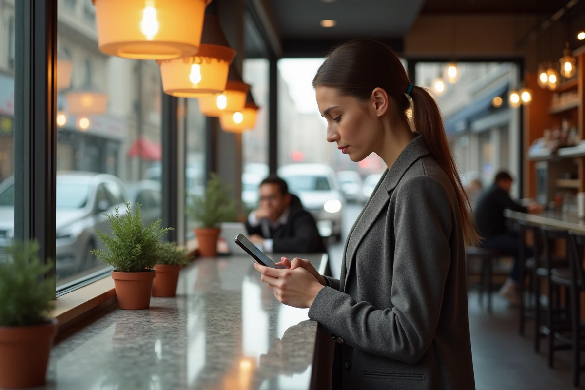 Jeune femme vérifiant ses alertes financières au café