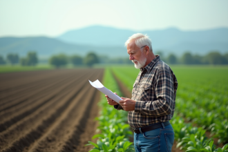 Agriculteur âgé examine des documents dans un champ verdoyant