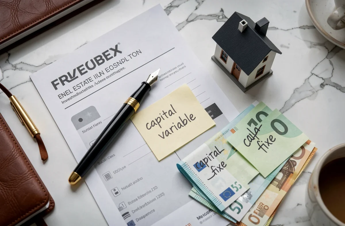 Composition à plat de documents et objets symbolisant le choix entre SCPI à capital fixe et variable pour un investisseur