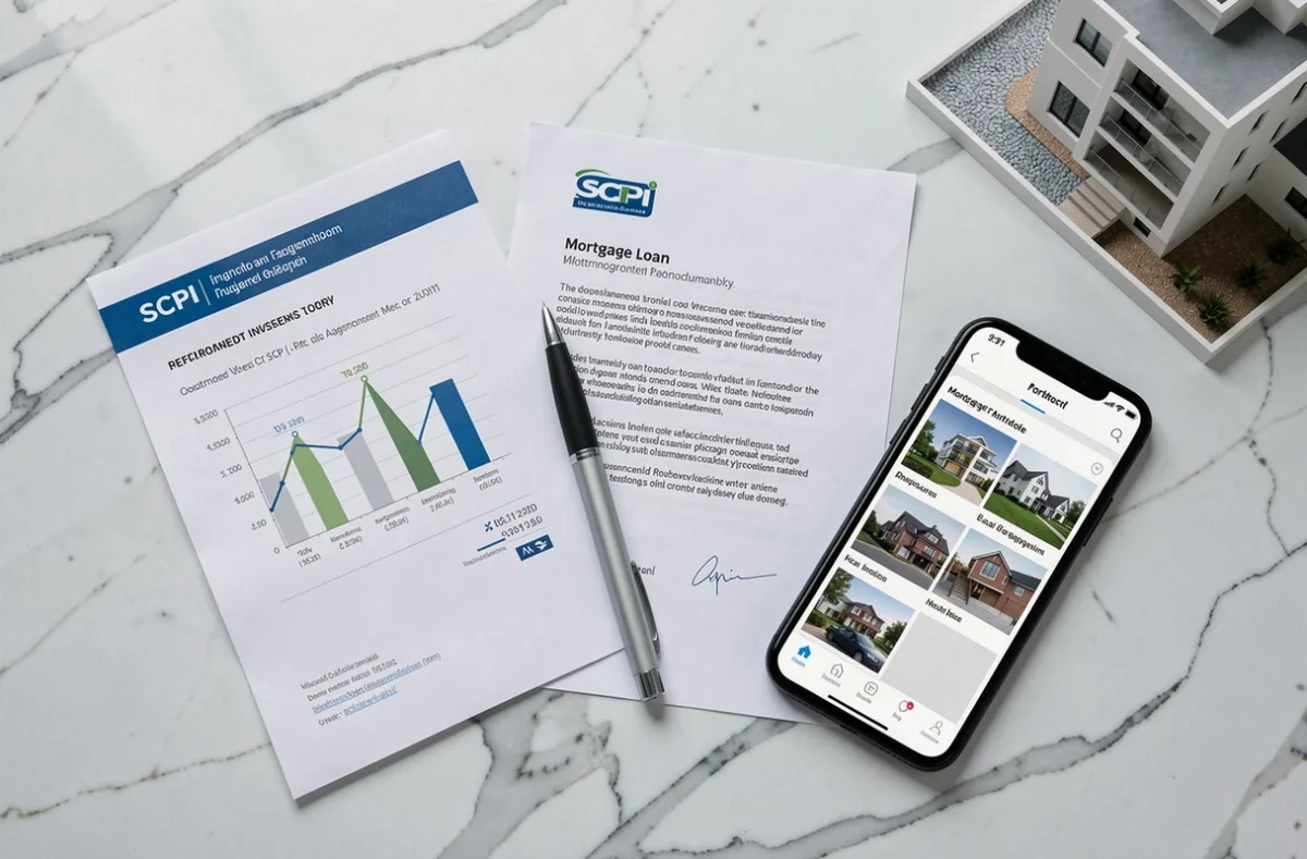 Vue en plongée d'un bureau avec des documents de financement SCPI, un contrat de crédit immobilier et une maquette de bâtiment