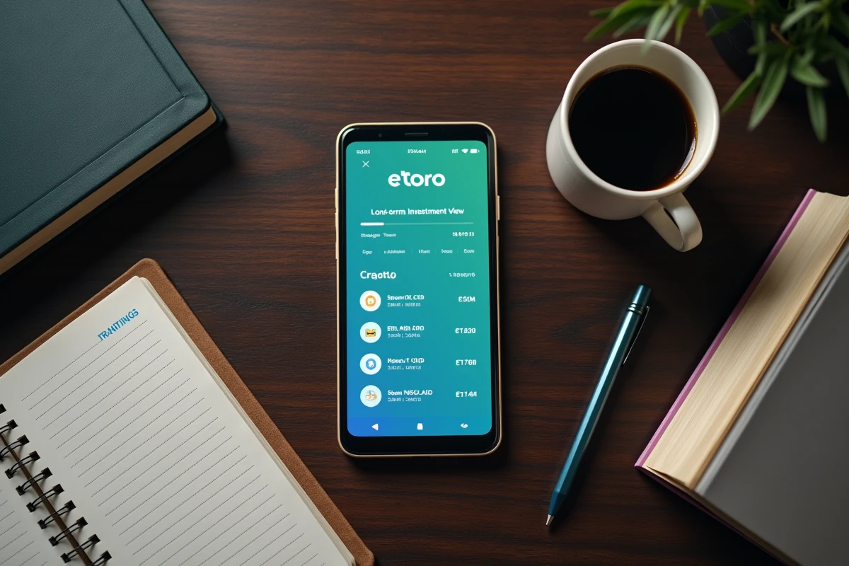 Vue aérienne d'un bureau avec smartphone affichant l'application eToro et notes manuscrites sur l'investissement en cryptomonnaies