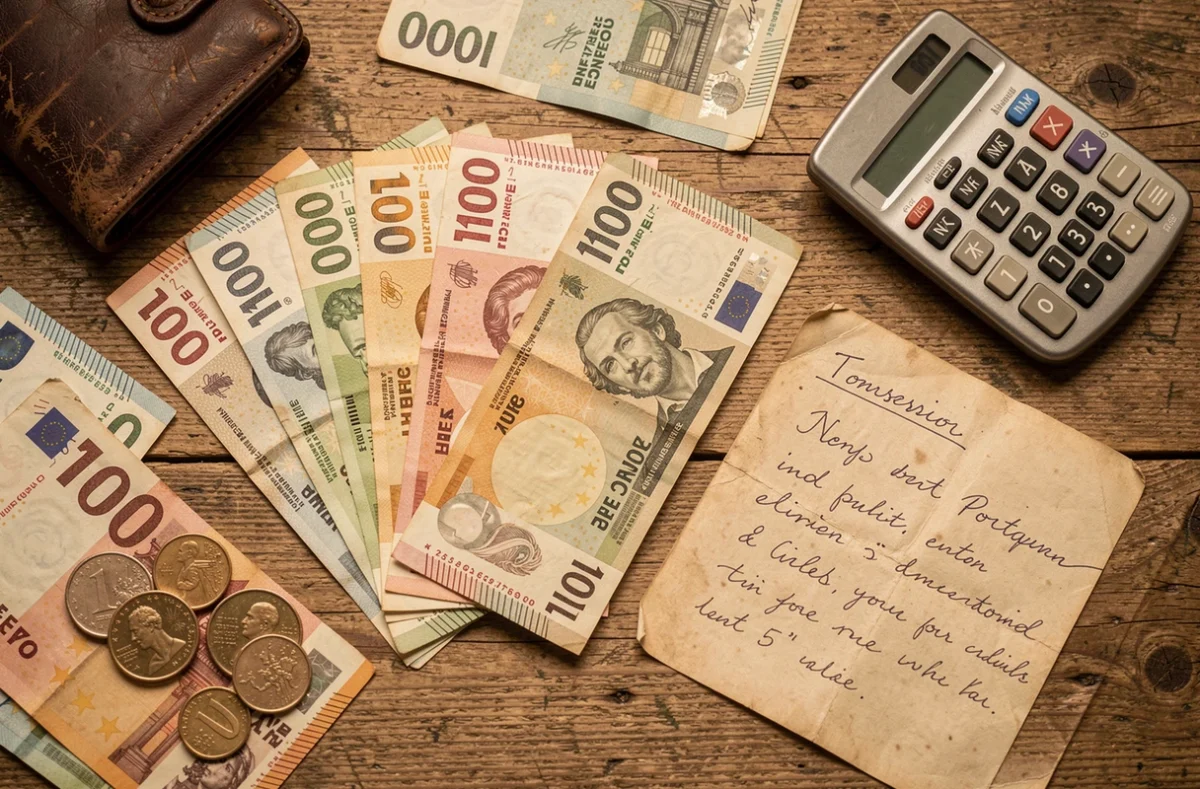 Vue de dessus de billets de 100 francs anciens et d'euros posés sur une table en bois avec portefeuille et calculatrice, illustration de la conversion 400 francs en euros