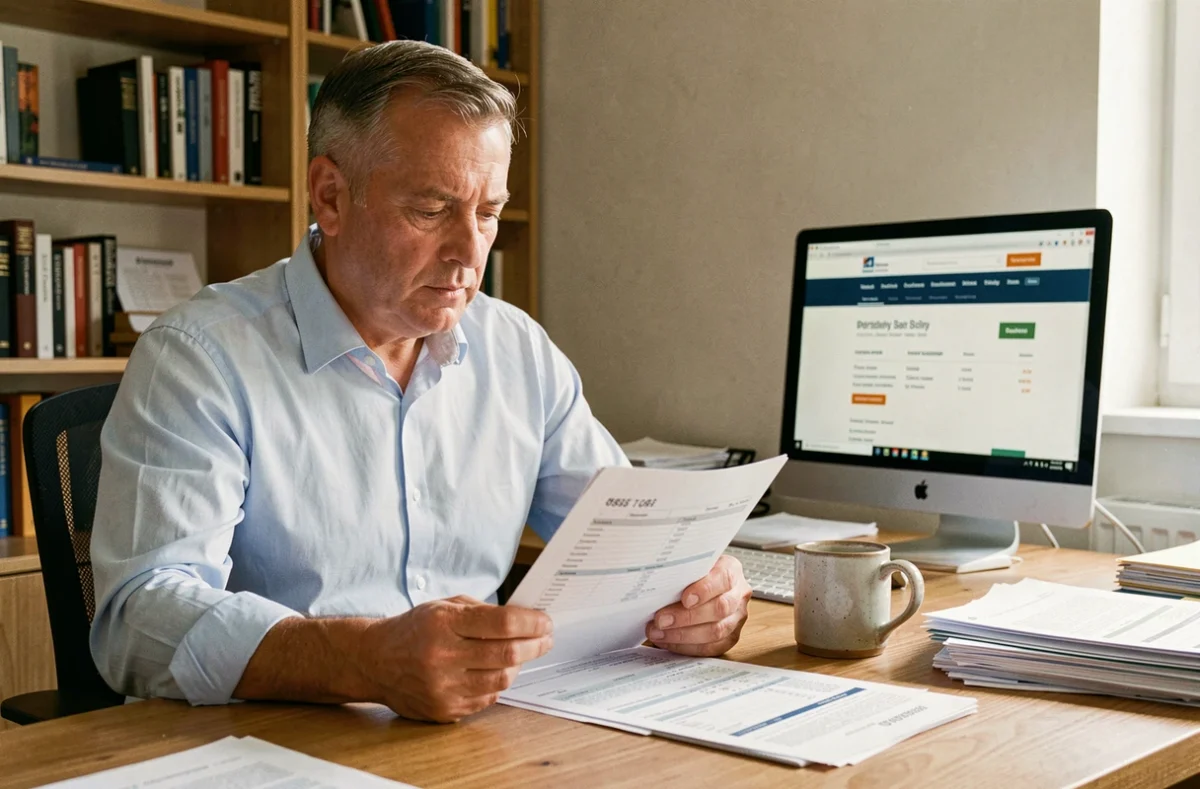 Homme consultant le formulaire fiscal 2041-DPTF-SD sur son bureau à domicile avec des documents imprimés