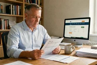 Homme consultant le formulaire fiscal 2041-DPTF-SD sur son bureau à domicile avec des documents imprimés