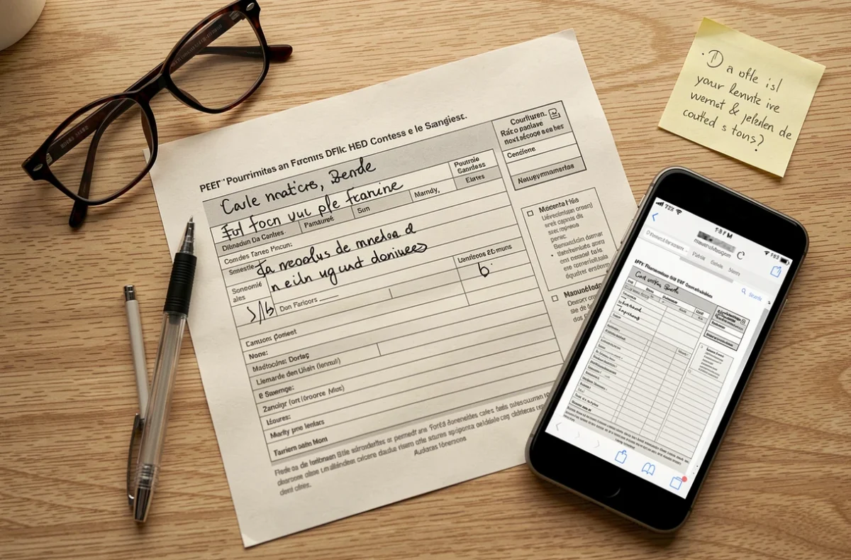 Formulaire 2041-DPTF-SD imprimé posé sur un bureau avec stylo et lunettes de lecture