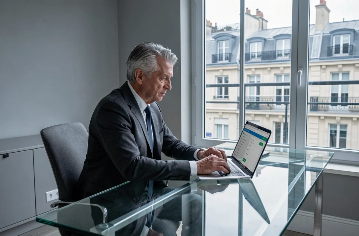 Homme d'affaires senior gérant son compte bancaire privé en ligne depuis son bureau à domicile parisien