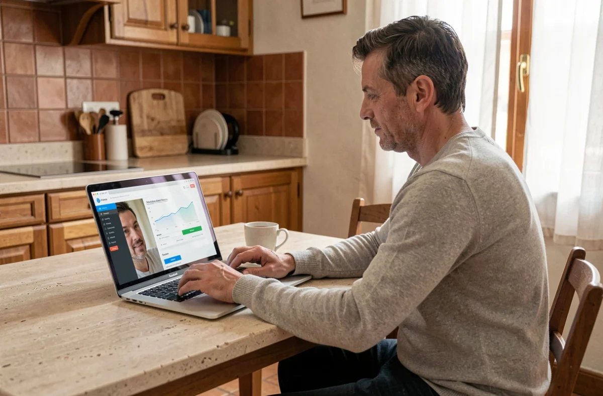 Homme gérant son compte Société Générale en ligne depuis son domicile sur un ordinateur portable