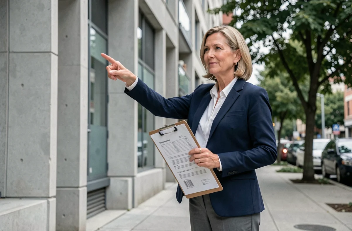 Gestionnaire immobilière devant un immeuble locatif représentant la déduction de la taxe foncière dans une SCI familiale