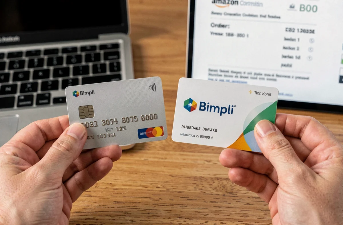 Gros plan sur une carte bancaire et une carte Bimpli côte à côte pour illustrer le paiement mixte sur Amazon