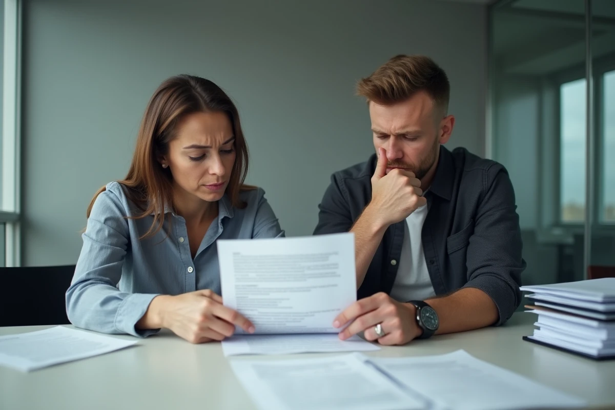 Deux héritiers adultes examinant ensemble un contrat d'assurance vie avec une clause bénéficiaire ambiguë dans un bureau de notaire