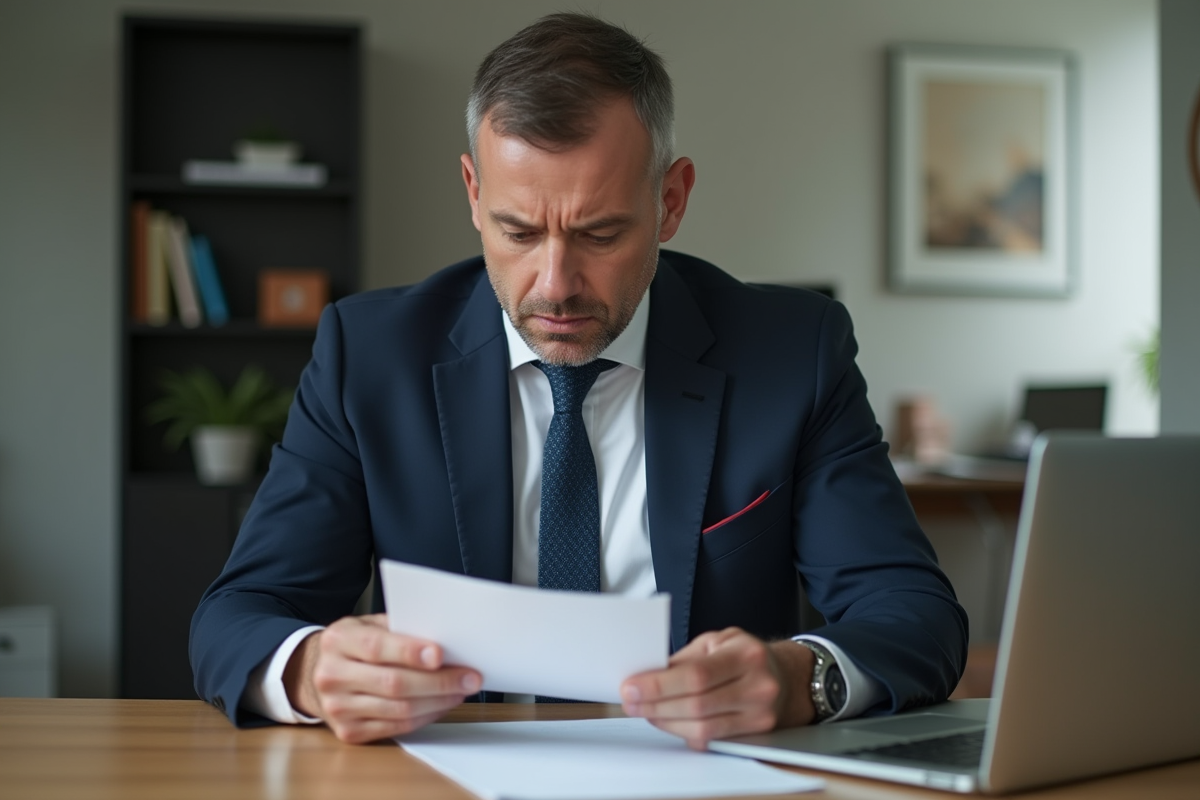 Homme d'affaires inquiet lisant une lettre dans son bureau