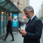 Homme d'affaires regardant son smartphone dans une ville