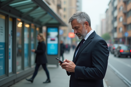 Homme d'affaires regardant son smartphone dans une ville